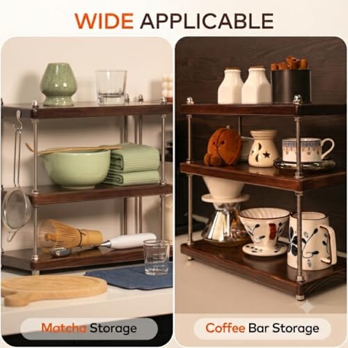 Solid Wood 3 Tier Coffee Bar/Matcha Station Organizer Shelf for Countertop