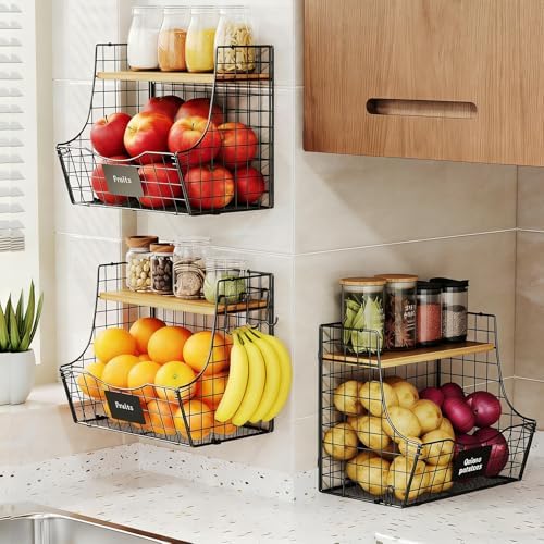 3 Pack wire Fruit Basket for Kitchen with Wood Lid - Counter&Wall Mounted...