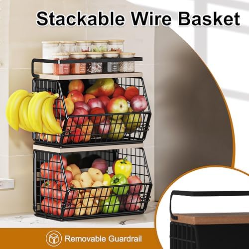 Fruit Basket 2 IN 1 Magnetic & Hanging Wall Produce Basket with Spice Rac...