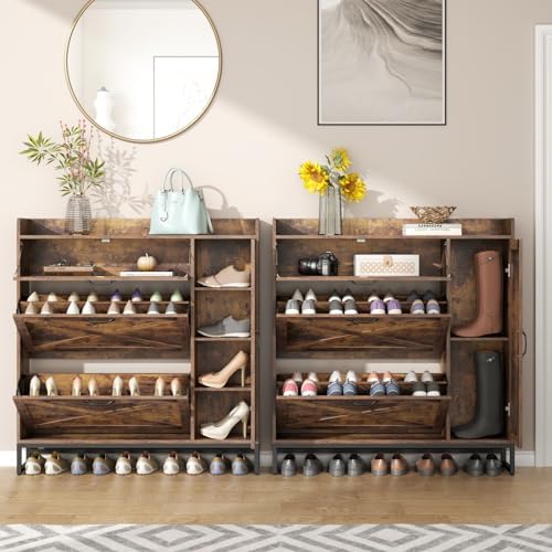 Free Standing Shoe Cabinet with 2 Flip Drawers and Adjustable Side Cabinet