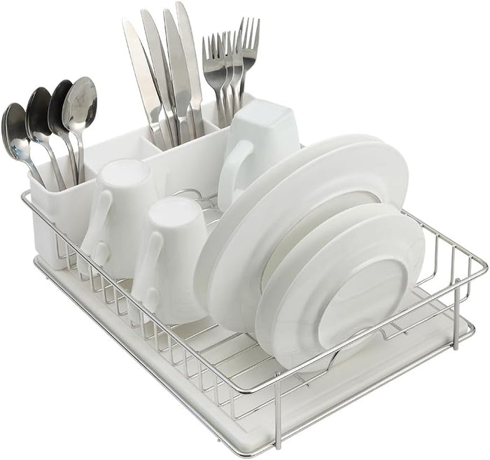 SunnyPoint 304 Stainless Steel Compact Dish Drying Rack, 15.3"x11.6", Diatomaceous Earth Drainboard, Removable Utensil Caddy, Space-Saving Countertop Design (Silvery-Grey)