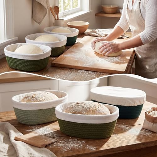 4 Pcs 10 Inch Cotton Rope Banneton Bread Proofing Basket Set Oval Banneton Ba...