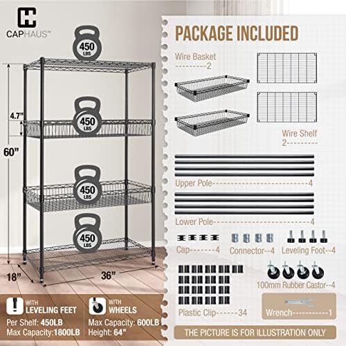 CAPHAUS NSF Commercial Heavy Duty 4 Tier Wire Shelving w/Two Rectangle Basket...