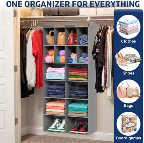 6 Tier Hanging Closet Organizer, 16 Compartments Dual Row Storage, Grey