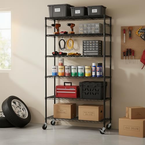 Folews 6-Tier Metal Storage Shelf with Wheels NSF Wire Shelving Unit, Black