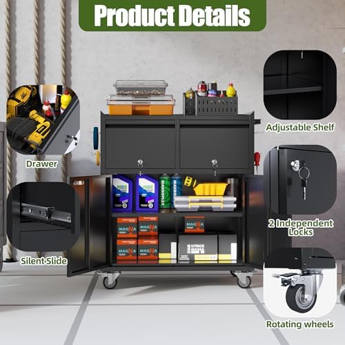 Aobabo Rolling Metal Garage Cabinet with 2 Drawers, Lock and Pegboard