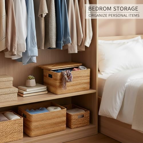 Rattan Storage Basket with Lid – 18×12×7 inch for Home