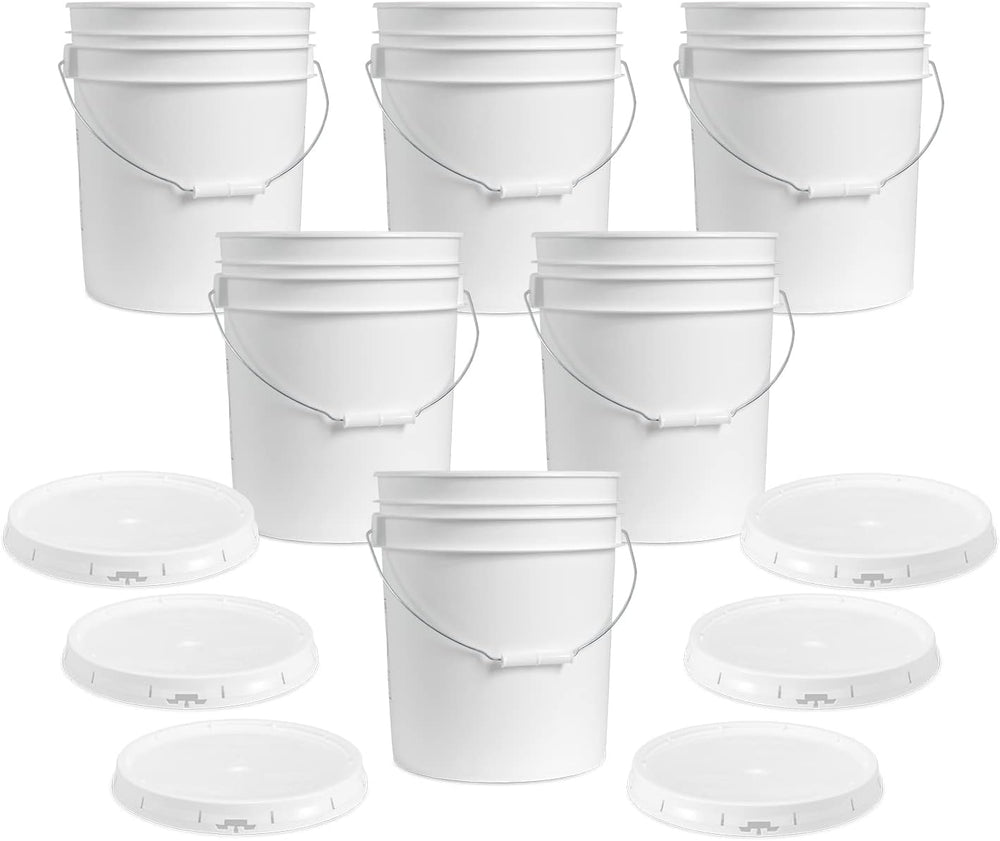 3.5 gallon Food Grade White Plastic Bucket with Handle & Lid - Set of 6