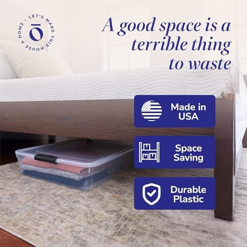 HOMZ Under Bed Clear Plastic Storage Bin w/Lid, 60 Qt, Gray Latch, 2 Pack