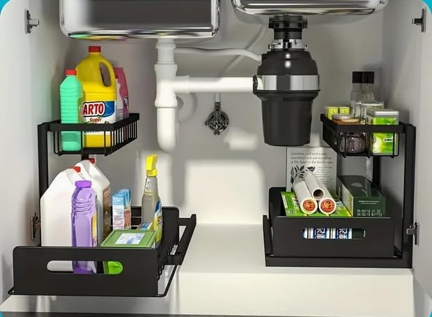 Under Sink Organizer 2-Pack Slide Out Drawer 2 Tier Storage Black Under Cabin...