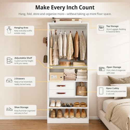 IRONCK Closet Organizer System with 2 Drawers & Adjustable Shelves, 29.6&...
