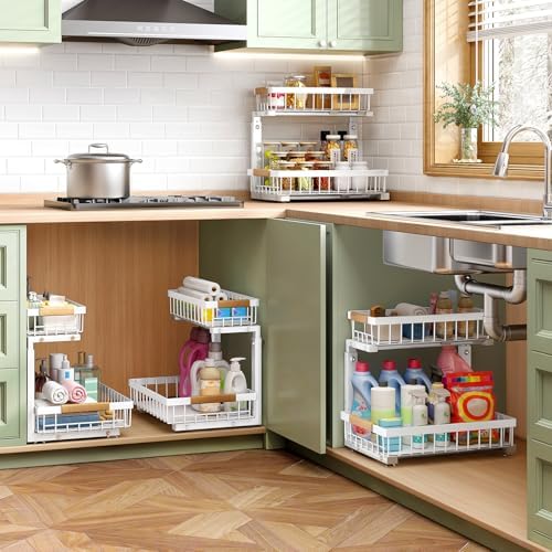 Kitstorack Under Sink Organizer, 2 Tier Under the Sink Storage, Slide out Pul...