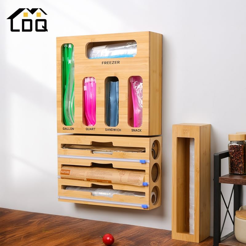 LDQ 9-in-1 Shatterproof Square Bamboo Storage Box - Aluminum Foil Dispensr wi...