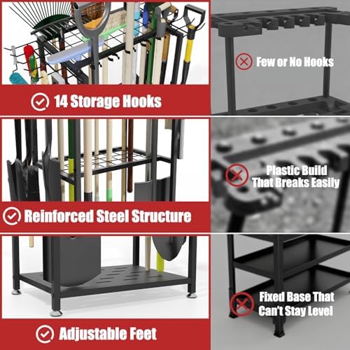 Faesun Garden Tool Organizer, 3-Tier Metal Yard Tool Rack with 14 Hooks &...