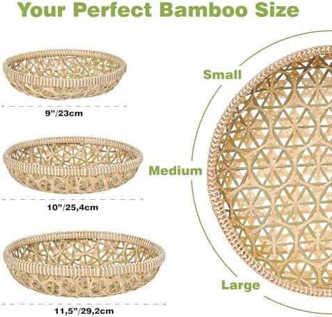 Handwoven Bamboo Basket Set of 3, Round Nesting Bread & Fruit Baskets, Na...