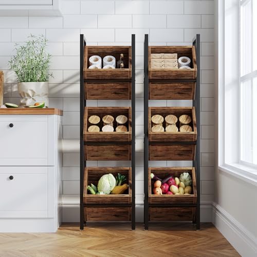 LITTLE TREE 3-Tier Basket Stand, Wooden Floor Stand Shelving Unit, Standing O...