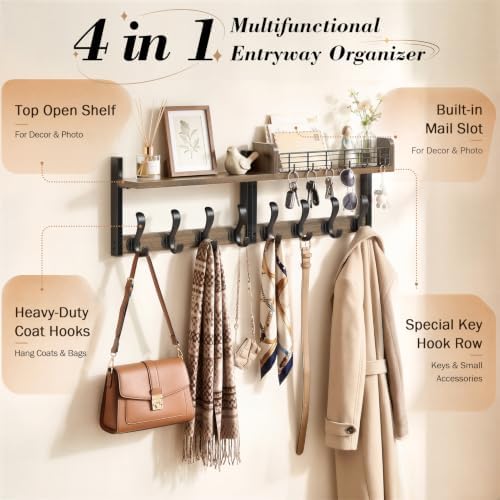 Delamu 32" Coat Rack with Shelf, 4 in 1 Coat Hanger Wall Mount with Shel...