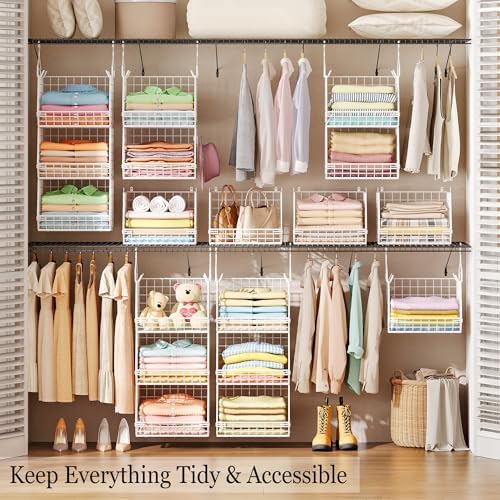 X-cosrack 3 Tier Foldable Closet Organizer, Clothes Shelves with 5 S Hooks, W...