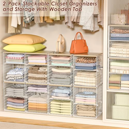 4-Tier Stackable Closet Organizers and Storage, Adjustable Dividers & Woo...