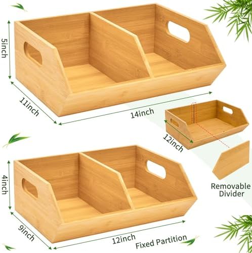 2 Set Bamboo Storage Bins, Pantry Organizers and Storage, Kitchen Countertop ...