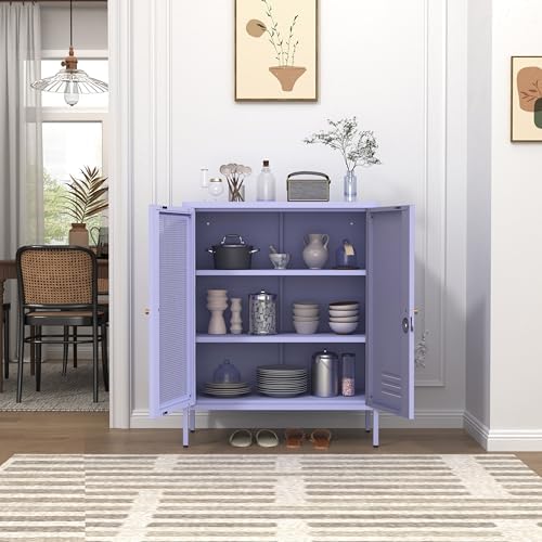 Purple Metal Storage Cabinet with Adjustable Shelf, Lockable 2 Door Sideboard...