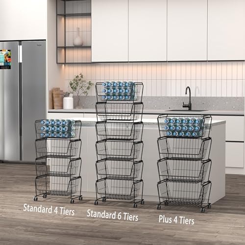 PUSDON 4-Tier Spacious Stackable Wire Storage Baskets with Wheels, Metal Roll...