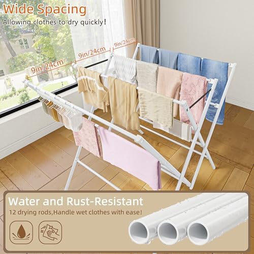 Drying Rack Clothing,12 Drying Poles with Sock Clips Clothes Drying Rack