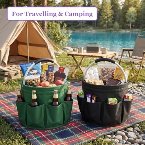 2PCS Collapsible Cleaning Caddy, 17L Tool Bag with 6 Pockets, Green + Black