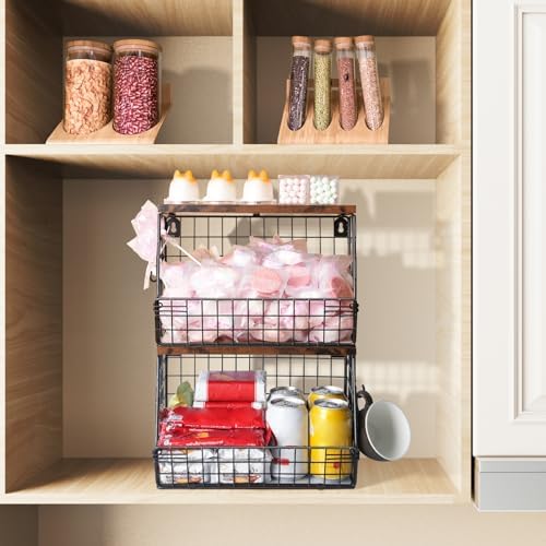 Mefirt 2pcs Fruit Basket Kitchen Storage Basket with Wood Lid