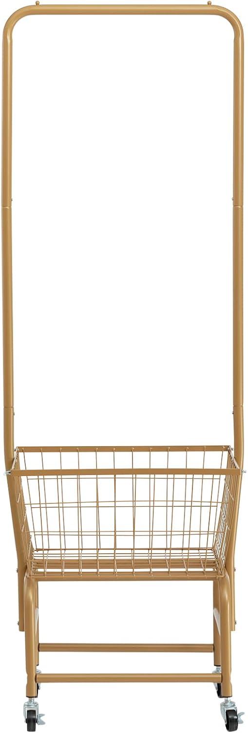 ALIMORDEN Rolling Laundry Cart with Hanging Rack & Metal Basket, Gold