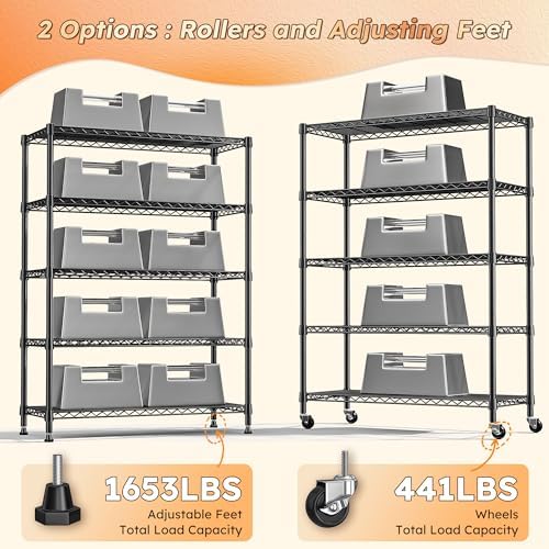 REIBII 5 Tier Storage Shelves, 1653LBS Heavy Duty&Silent Wheels for Garage