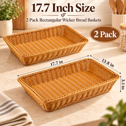 2 Pack Wicker Bread Baskets, 17.7 Inch Rectangular Serving Trays