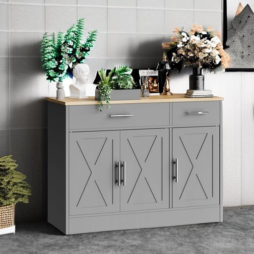 SUNLEI Kitchen Buffet Sideboard Cabinet, Wooden Storage with 3 Doors and 2 Dr...
