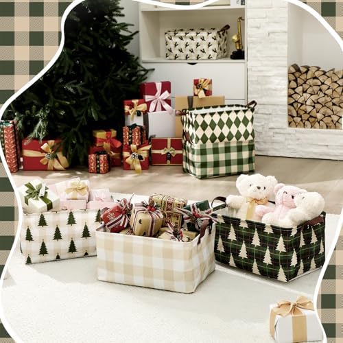 Boao 6 Pack Neutral Christmas Gingham Storage Baskets for Gifts Empty
