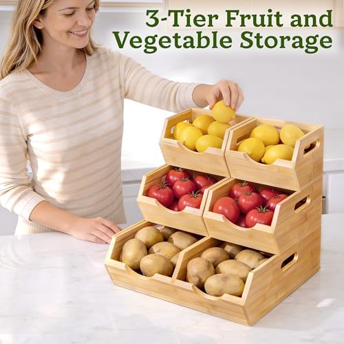 HOMESTEAD 3-Tier Bamboo Pantry Storage Bins – Stackable Potato & Onion St...