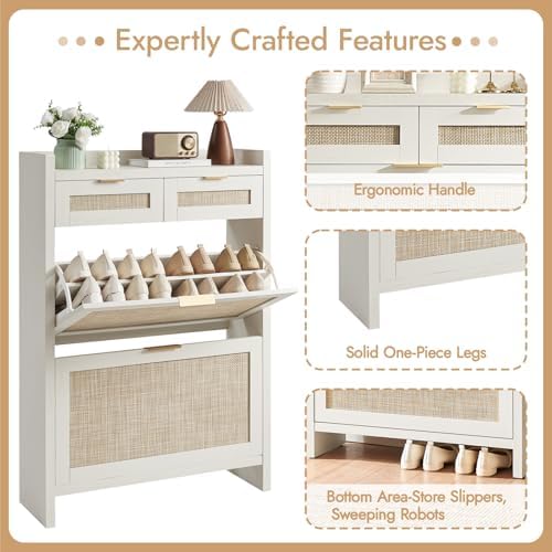 HOKYHOKY Rattan Shoe Storage Cabinet with 2 Drawers & 2 Flip Drawers