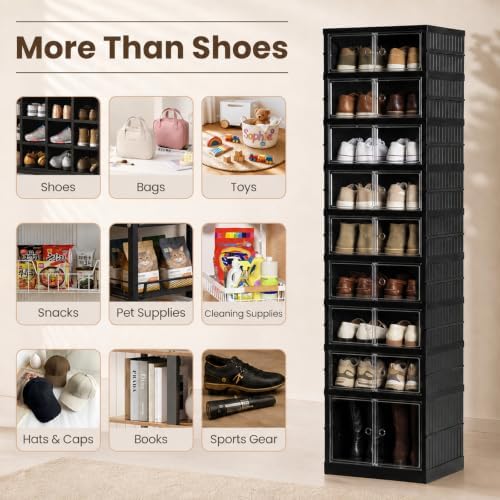 9 Tier Foldable Shoe Rack, Plastic Shoe Storage Cabinet with Clear Doors