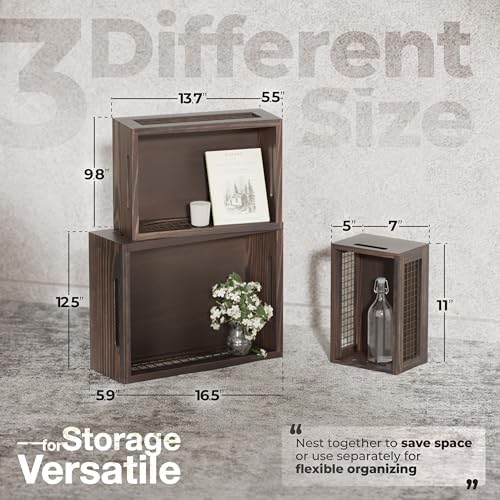 Set of 3 Extra Large Wooden Nesting Countertop Baskets, Rustic Wood Storage O...