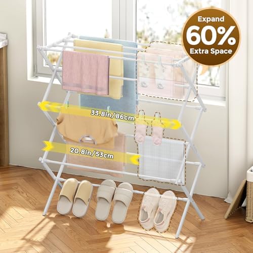 KINGBOARD Clothes Drying Rack, 3-Tier Foldable Extendable, White