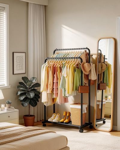 Sakugi Double Rod Clothes Rack Mesh Shelf & Hooks, 28.7x16.5x59.1, Black