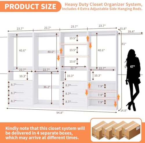 Closet System with 4 Sets, 8–21 FT Closet System with 6 Drawers, 9 Shelves &a...