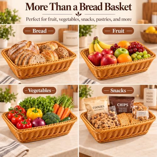2 Pack Wicker Bread Baskets, 17.7 Inch Rectangular Serving Trays