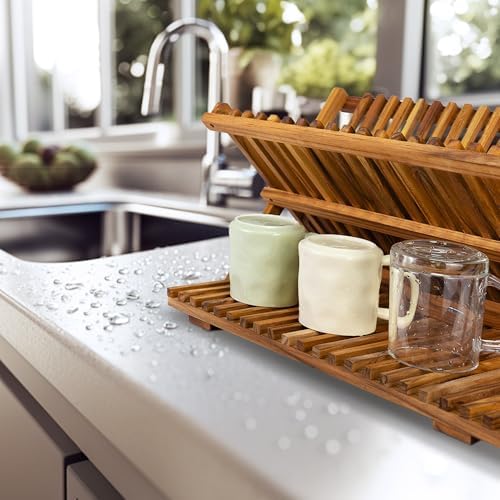 Utoplike Teak Dish Drying Rack Collapsible, Large Dishes Draine 3 Tier