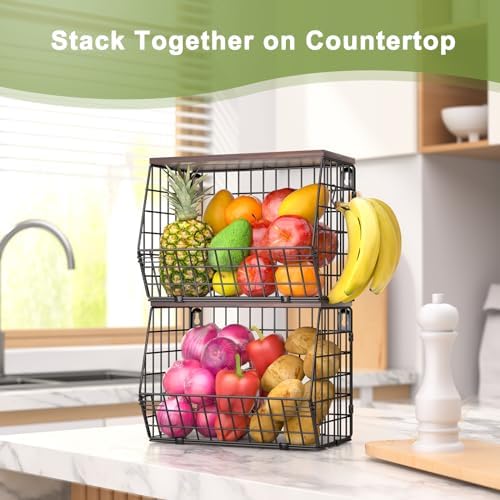 Wawocs Fruit Basket for Kitchen Counter 2 Tier Fruit Bowl, Stackable Wall Mou...