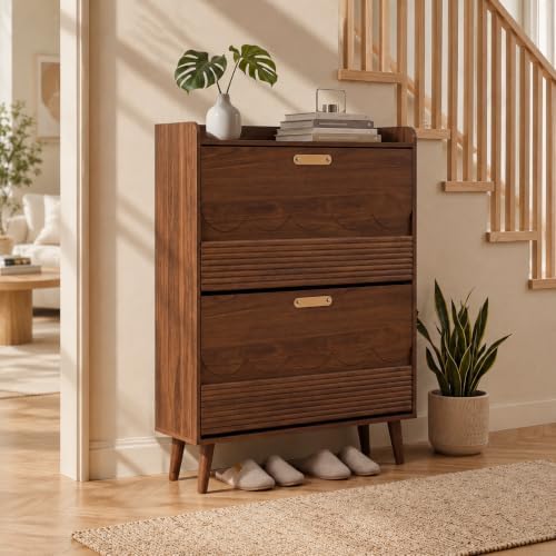 Seang 31.5" Shoe Storage Cabinet for Entryway with 2 Flip Drawers, Walnut