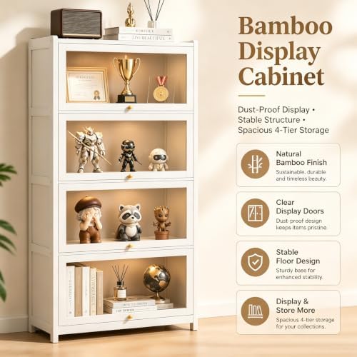 Display Cabinet with Doors, 4-Tier Bamboo Curio Cabinet for Small Space, Figu...