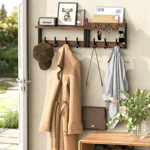 29'' Rustic Coat Rack Wall Mount with Shelf, Solid Wood Coat and Key ...