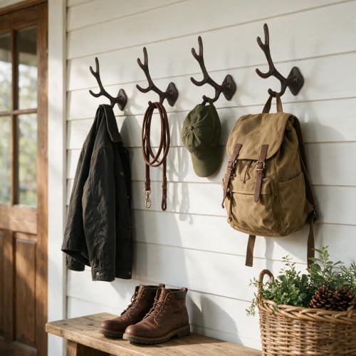 Chumia 8 Pcs Rustic Cast Iron Wall Hooks Deer Antler Coat Hooks, Brown
