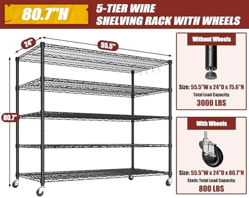 PrimeZone 5 Tier 80.7"H x 55.5"W x 24"D Wire Shelving with Whe...