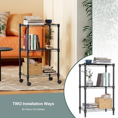 3 Tier Shelf Metal Storage Shelves Wire Rack Closet Organizers with Wheel for...